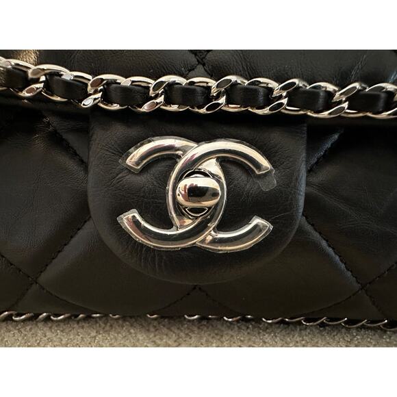 Auth CHANEL Quilted Calfskin 'Chain Around' Large Flap Handbag- Black - NEW - Picture 3 of 15
